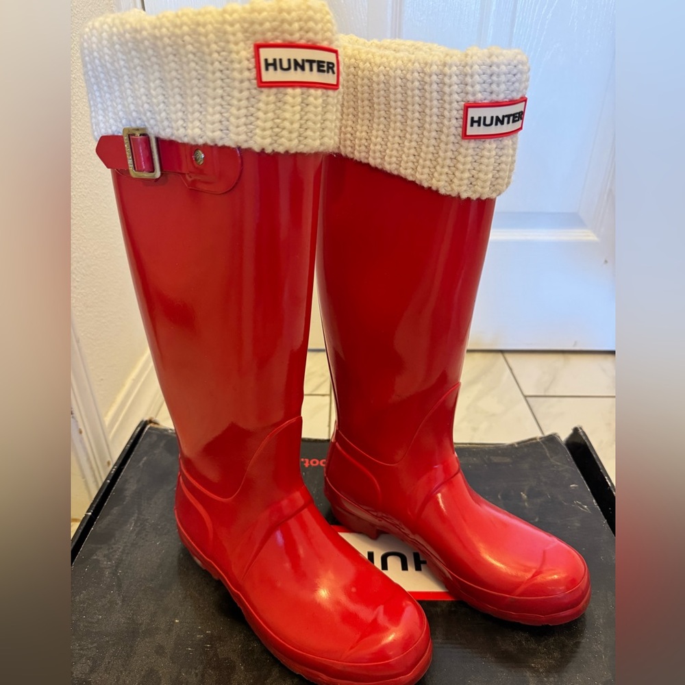 Hunter Red Rain Boots with fleece sock